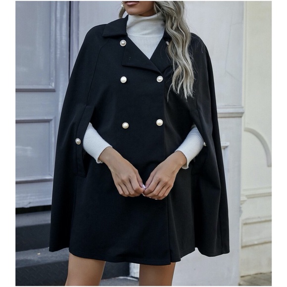 Jackets & Blazers - black fall cape pea coat jacket pearl button detai
